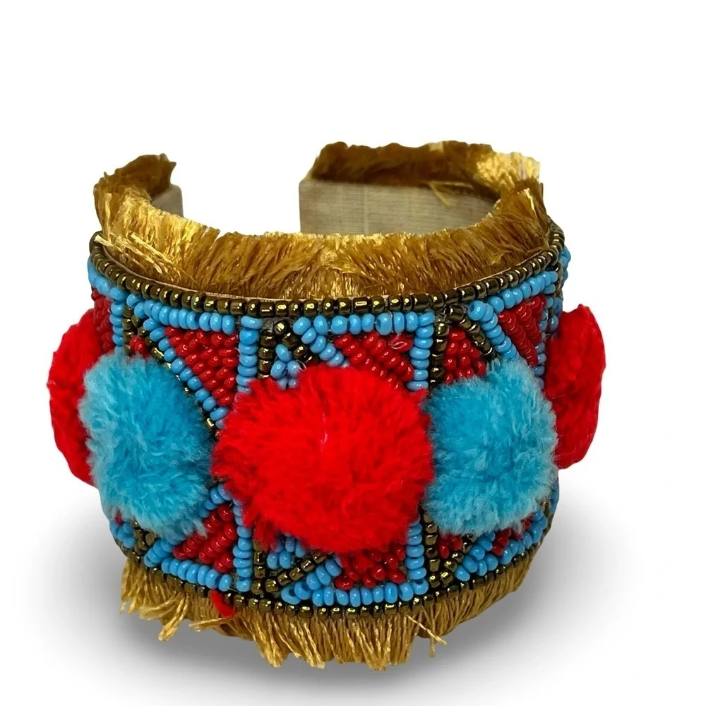 Colorful Beaded Pom-Pom Bracelet Blue and Red